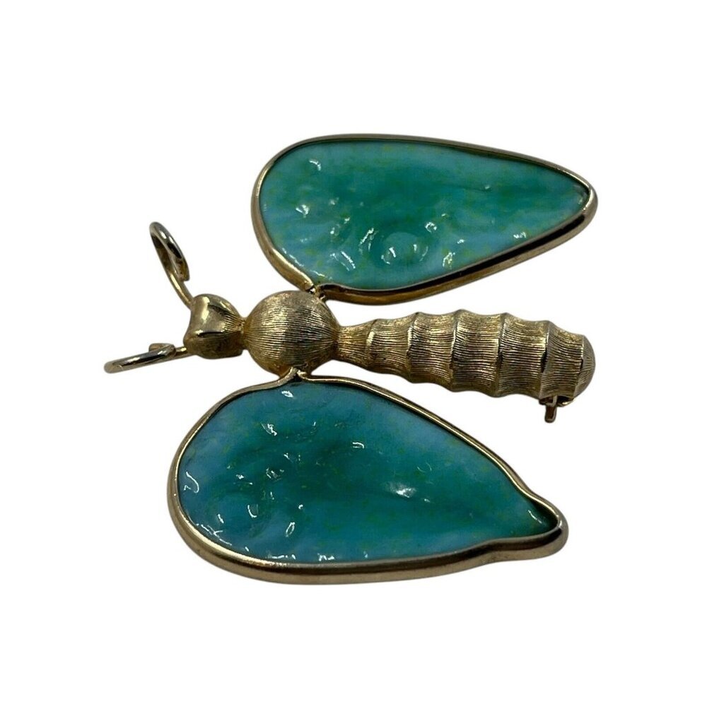 Weiss Brushed Gold-tone Butterfly w Faux Jade Molded Green Glass Wings 1960s